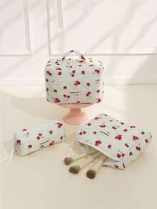 3 件套可爱樱桃印花大容量多功能手提包女士化妆包化妆品收纳袋唇彩指甲油配件旅行礼物生日、情人节、圣诞节、新年、返校旅行必备包学校度假节日用品旅行包女士