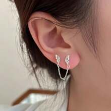 1 件双耳钉链耳环，时尚女士小众设计镶嵌锆石闪亮耳钉，甜美多穿孔链流苏耳线，适合学校、甜美性感女孩、个性化、女性圣诞礼物