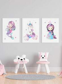 Decor pentru camera copiilor cu sirenă, decor pentru camera copiilor cu fete, imprimeuri cu sirene pentru camera fetelor, decor pentru camera copiilor cu mare, camera copiilor cu ocean, roz violet turcoaz, temă sirenă, decor modern pentru casă, pentru dormitor în living, fără ramă