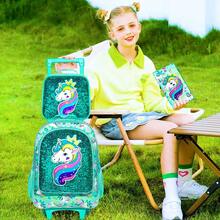 3PCS Rolling Backpack For Girls, Crown Unicorn Kids Roller Wheels Bookbag, Wheeled School Bag With Lunch Bag