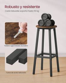 Taburete de Bar, Juego de 2, Sillas de Bar, Sillas de Cocina con Estructura de Metal, Fácil Montaje, con Reposapiés, para Cocina, Salón, Comedor, Marrón Rústico y Negro/ - Marrón - Ver 3
