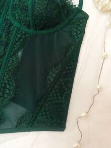 时尚无缝细肩带文胸，性感修身无肩带蕾丝吊带露脐上衣 - 墨綠色 - 查看 9