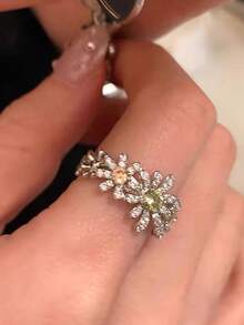 5pcs Elegant Cubic Zirconia Flower Open Copper Ring Set, Suitable For Women's Daily, Party And Wedding Wear - Silver - View 7