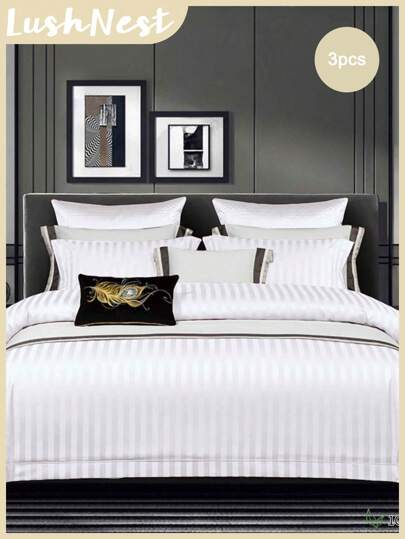 White Duvet Cover Set Satin Stripes Bedding Set 3 Pieces Stripe Decor White Comforter Cover Soft Microfiber Duvet Cover For Boys Girls 1 Duvet Cover 2 Pillowcases No Comforter