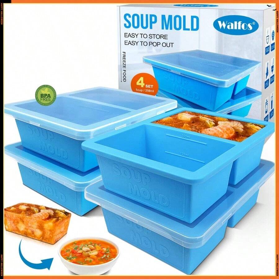 1-Cup Silicone Freezer Molds With Lid, 4 Packs Soup Freezer Ice Cube Tray For Food, Silicone Food Freezing Container For Storing And Freezing Soup, Broth, Sauce And Ice - 多色 - 查看 1