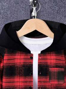 男童黑色连帽格子衬衫搭配酷炫街头风侧袋牛仔裤套装（2件套） - 紅色 - 查看 3