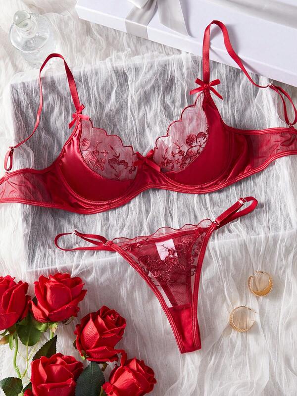Sexy Lingerie Red Floral Lingerie Set, Retro Elegant Style, Luxurious Style, Red Transparent Embroidery Lingerie, Sexy Red Embroidery, Showcasing Women's Charm Lingerie, Women's Seductive Lingerie Set, Women's Nightclub Daily Outerwear, Women's Romantic Knitted Embroidery Classical Wine Red Sexy Lingerie Two Pieces Set