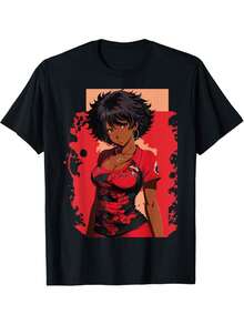 Classic Cotton Short Sleeve Tee, Black Anime Girl Kawaii Waifu Aesthetic Japanese Woman T-Shirt Print, Crew Neck Design For Outdoor Adventures, Journeys, Hiking, And Everyday Use