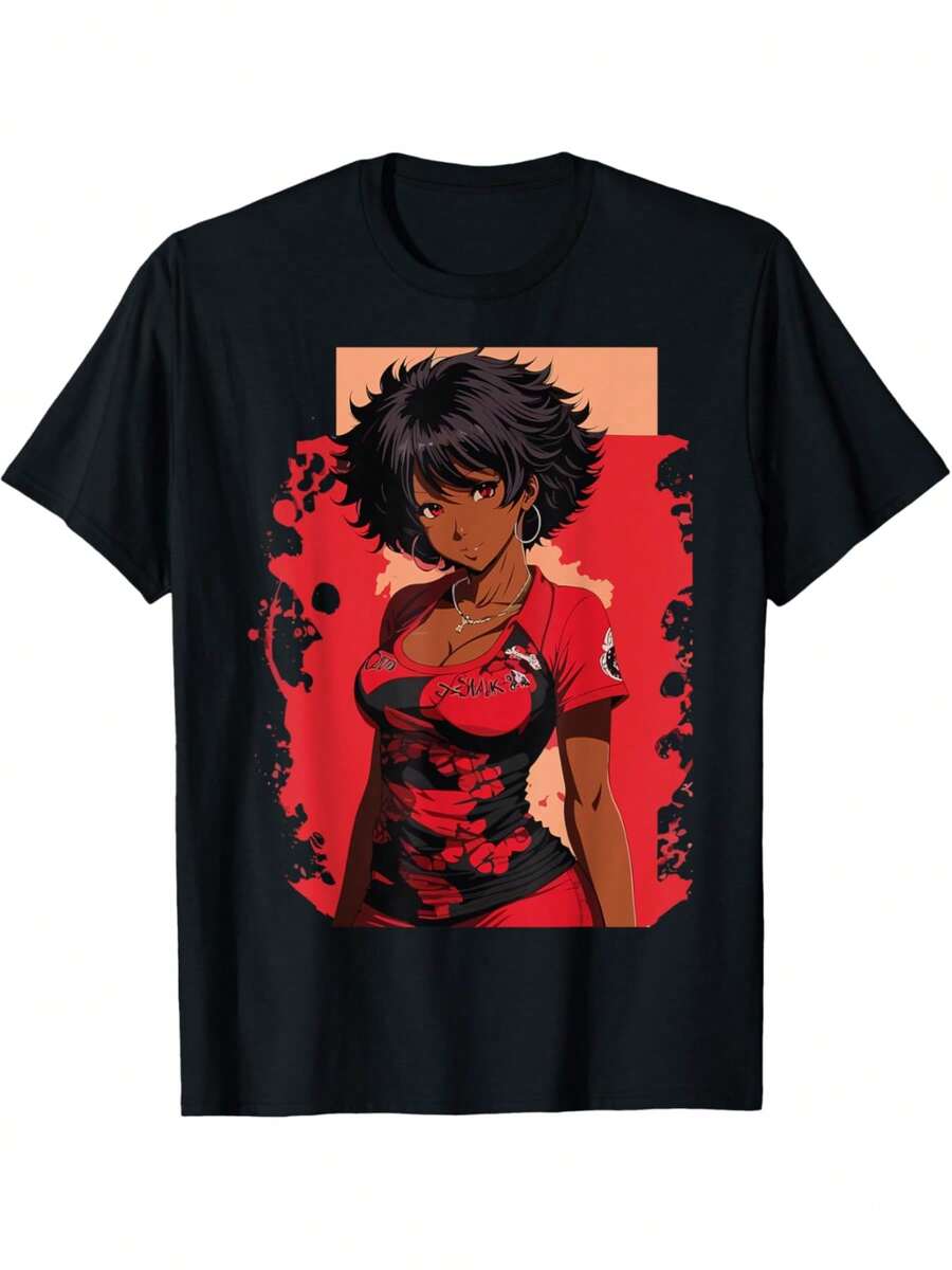 Classic Cotton Short Sleeve Tee, Black Anime Girl Kawaii Waifu Aesthetic Japanese Woman T-Shirt Print, Crew Neck Design For Outdoor Adventures, Journeys, Hiking, And Everyday Use