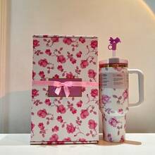 Vaso de acero inoxidable de 40 oz con asa, vaso de viaje con doble aislamiento al vacío, botella portátil multicolor de alta calidad, ideal para acampar, hacer senderismo, conducir y viajar. - flores blancas - Ver 2