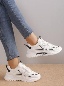 Nuevos zapatos deportivos casuales con cordones, tenis gruesos de suela blanda, zapatos para correr ligeros y antideslizantes - Blanco y Negro - Ver 2