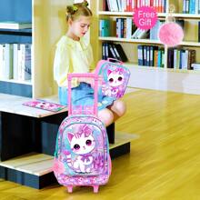 3件套女孩拉杆背包，儿童滚轮书包，带午餐袋的小学生拉杆书包 - 猫咪