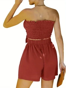 Women's Summer 2-Piece Strapless Short And Wide Leg Shorts Set - Brick Red - View 5
