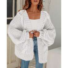 Womens Open Front Chunky Knit Cardigan Oversized Lantern Sleeve Sweater Coat