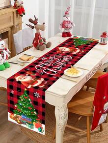 1pc 35*180cm/13.78*70.87inch Christmas Decorative Table Runner, Red & Black Plaid Santa Claus & Christmas Tree Gift Pattern, Suitable For Home Dining Table, Coffee Table, Party Decor, Holiday Gift Essential Textile Decoration - Multicolor - View 2