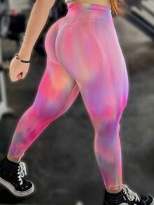 1pc Aurora Tie-Dye High-Waisted Yoga Pants, Squat-Proof Tummy Control Leggings For Running, Outdoor, Fitness, Peach Butt, Rainbow Color, Women's 7/8 Length Skinny Pants