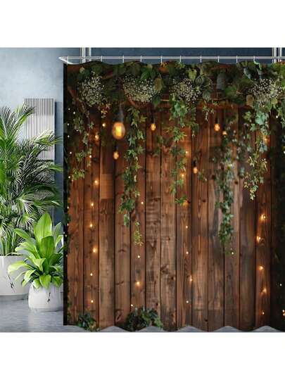 1pc Vintage Rustic Wooden Board Door Shower Curtain, Green Leaves On Farmhouse Country Wood Plank, Waterproof Polyester Fabric Countryside Life Bathroom Curtain, With 12 Hooks Bathroom Decor