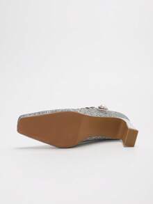 1 Par de Sapatos de Salto Grosso Elegantes de Bico Quadrado Estilo Mary Jane para Mulheres, Projetados com Tecido Brilhante Dourado/Prateado e Decoração de Fivela com Pérolas Falsas, Salto Quadrado Grosso Antiderrapante, Adequado para Festa, Salto, Outono, Casamento, Banquete e Uso Diário no Trabalho