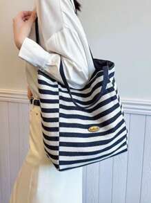 双面复古风格条纹帆布手提包，女士大容量条纹帆布手提包 - 时尚单肩包，适合旅行和购物，鲜艳的红白条纹，宽敞，多功能，可手洗 - 无封口，日常手提包，休闲日常手提包，购物手提包|休闲时尚包|条纹图案包，沙滩配饰|镂空设计 - 彩色 - 查看 10