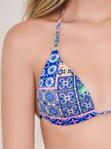 Bikini mujer  Estampado Integral    Bohemio    Tela    ANUDADO  Cordón de espalda    Bikinis  Playa  Vacaciones    Verano