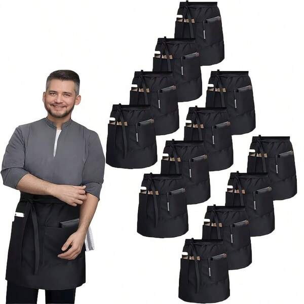 1/2/6/12 piezas Delantal de chef, delantal de trabajo profesional con 3 bolsillos, delantal ajustable adecuado para hombres y mujeres, meseros, cocina, cocinar, hornear, jardinería, restaurante, BBQ, cafetería