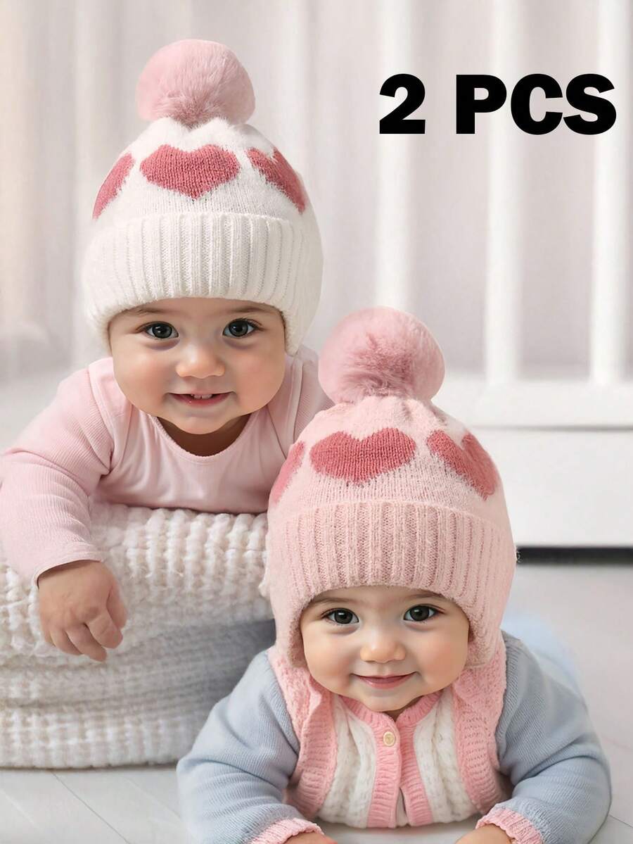 2 Peças Gorro de Bebê Menino e Menina Recém-Nascido e Bebê, Gorro de Lã Aconchegante e Quente de Inverno com Pompom em Formato de Coração, Boné Fofo para Crianças, Acessórios para Uso Externo - 1PC - Visão 1