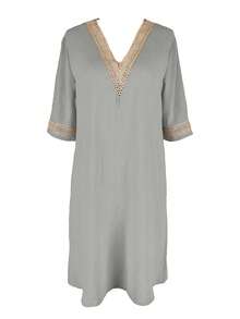 女士优雅蕾丝V领短袖休闲连衣裙，春夏款 - 灰色 - 查看 2