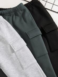 3 件套男童休闲时尚纯色口袋设计松紧腰裤和羊毛连帽运动衫，秋冬