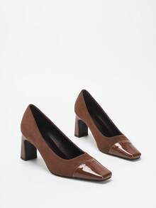 1 Par de Sapatos de Salto Grosso Femininos de Moda Elegante e Clássica em Camurça Preta e Marrom com Retalhos de Couro Envernizado de Bico Quadrado, Adequado para Ambiente de Trabalho, Transporte, Outono, Todas as Estações, Confortável