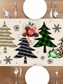 1pc 35*180cm/13.78*70.87inch Christmas Tree Pattern Tablecloth, Christmas Decorative Table Runner, Textured Plaid Patchwork Design Fabric, Suitable For Holiday Decoration, Home Party, Kitchen Tabletop - Christmas - View 5