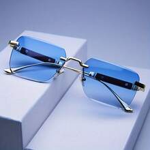 Gafas rectangulares sin marco con degradado de azul a transparente - Lentes de policarbonato ligeros, que proporcionan protección y antireflejos, adecuados tanto para hombres como para mujeres - lentes azules - Ver 3