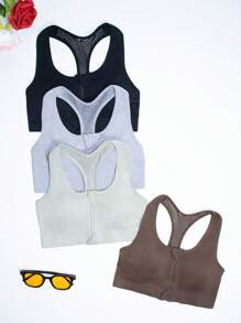 4-częściowy wielokolorowy bezszwowy biustonosz sportowy z zamkiem błyskawicznym z przodu, cienki, wyściełany, z tyłu w kształcie litery I, z wyciętymi plecami i oddychającą siateczką rybacką