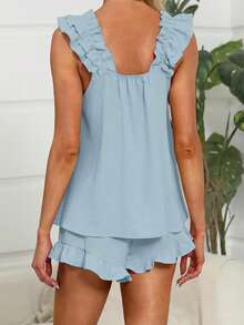 Women's Summer Lounge Set Ruffle Shoulder Strap Tank Tops Drawstring Shorts Sleepwear Sets Bridal Pajama Set For Women - Blue - View 5