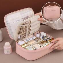 Large Triple Compartment Travel Cosmetic Bag, Makeup Case, Travel Accessories, Brushes, Conditioner And Skin Care Product Organizer - 粉色 - 查看 1