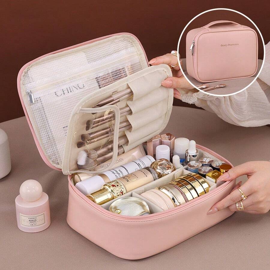Large Triple Compartment Travel Cosmetic Bag, Makeup Case, Travel Accessories, Brushes, Conditioner And Skin Care Product Organizer - 粉色 - 查看 1