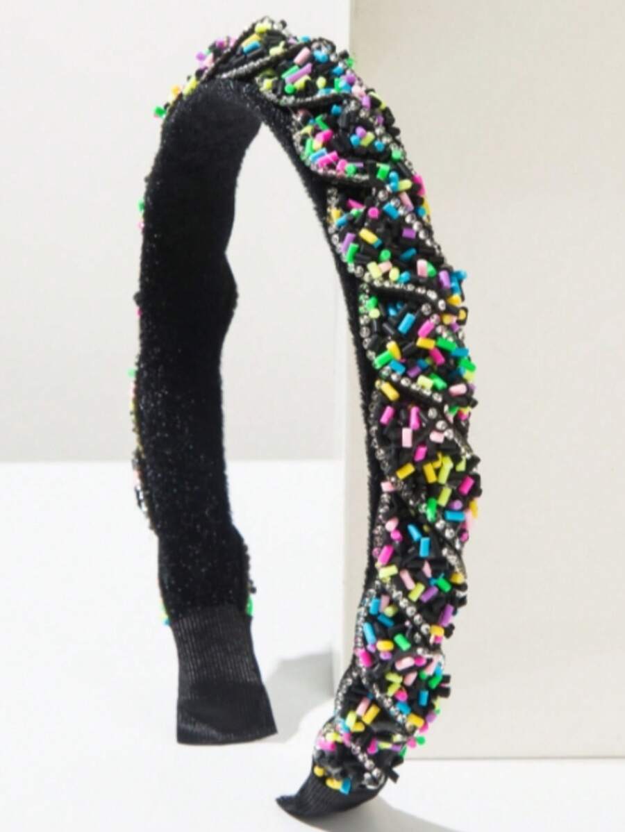 1 件闪亮糖果可爱涤纶时尚头带，甜美糖果色，可爱，适合所有季节，发带，发箍，发饰 - 黑色 - 查看 1