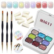 MEET ACROSS 9 Colors Nail Gel Polish Set With 3 Painting Brushes, 8 Sponge Blocks, Macaron Candy Color Nail Gel, High Saturation Semi-Solid Nail Polish Gel, Suitable For Ombre Nails, Nail Art Design And Nail Salons - 彩色 - 查看 1