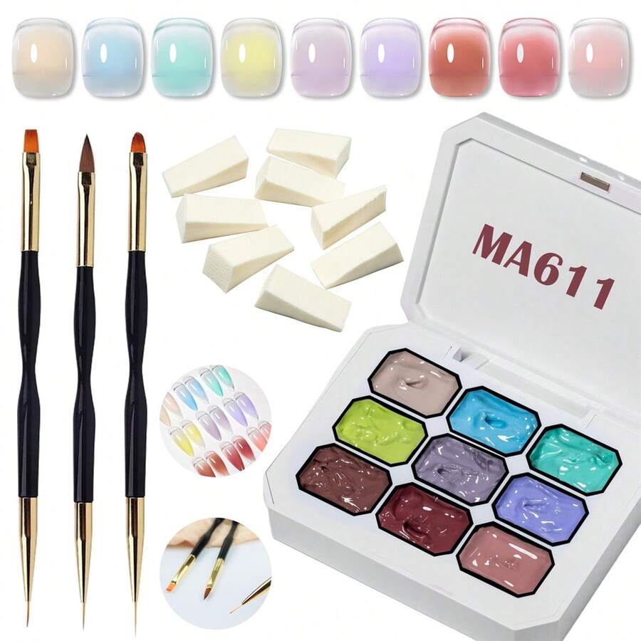 MEET ACROSS 9 Colors Nail Gel Polish Set With 3 Painting Brushes, 8 Sponge Blocks, Macaron Candy Color Nail Gel, High Saturation Semi-Solid Nail Polish Gel, Suitable For Ombre Nails, Nail Art Design And Nail Salons - 彩色 - 查看 1