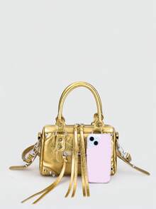 1 chiếc túi xách vuông thời trang retro, phong cách Y2K, chất liệu PU, đính đinh tán vàng, khóa kéo trang trí, dây đeo có thể điều chỉnh, dây đeo vai dài, khóa kéo. Túi xách nữ kiểu dáng đơn giản nhưng sang trọng, đựng được điện thoại, thẻ, phù hợp cho sử dụng hàng ngày, du lịch và mua sắm. - Vàng - Xem 3