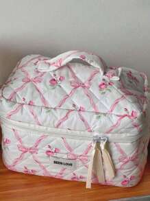 3pcs/Set Pink Bow Knot & Rose Design Quilting Cosmetic Bag, Fashionable Portable Makeup Bag, Multi-Functional Storage Bag For Lipstick, Sanitary Napkin, Coins, Keys Etc, Large Capacity Lovely Wash Bag For Travel Organizer Cosmetic Bag For Travel, Mother's Day Gift Back To School Autumn University Essentials Travel Essentials Holiday Vacation Travel Bag For Women Makeup Organizer