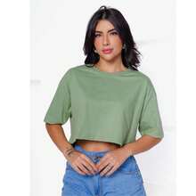 Women's Basic Cropped T-Shirt In Plain Cotton Knit - Verde Oliva - Ver 3