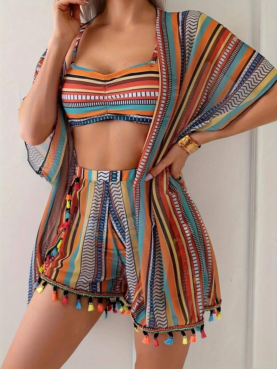 Women's Tropical Bikini Set High Waisted Boyshorts 3 Piece Swimsuits With Kimono Cover Up - 棕色 - 查看 1