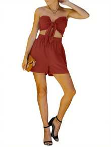 Women's Summer 2-Piece Strapless Short And Wide Leg Shorts Set - Brick Red - View 6