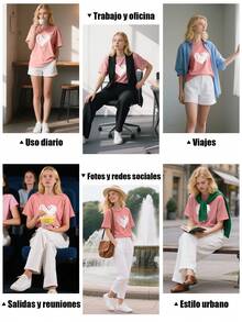 Camiseta gráfica de mujer de manga corta con cuello redondo, de moda con estampado de corazón,Camiseta de Mujer, Manga Corta, Cuello Redondo, Ropa Casual para Primavera y Verano, Blusa Moderna de Moda, para uso diario casual - Rosa - Ver 11