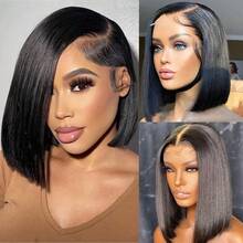 Easy-To-Wear Glueless Bob Wig - 200% Density Human Hair With Pre-Plucked 4x4 HD Lace Closure Front Wigs, Straight Cut For Beginners, Women's Sleek Black Bob Style, Short Hair Wig - Natural Black - 查看 2
