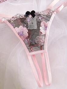 2pcs French Gentle And Sweet Floral Embroidery Mesh Splicing Open Cup Bra With Crotchless Panty Sexy Lingerie Set For All Seasons, Suitable For Couples' Vacation Dates, Honeymoon, Bachelor Parties, Private Parties, Role-Playing Wear, Giving Holiday Gift To Girlfriend - 粉色 - 查看 9