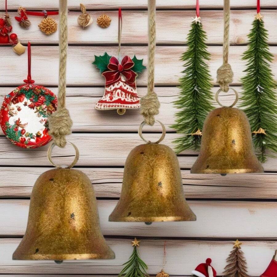 3pcs Handmade Vintage Metal Bell Christmas Indoor Wall Hanging Decor, Holiday Atmosphere Metal Bells, Christmas Decor, Hanging Rope Metal Cow Bell, Harmony Bell, Retro Handmade Antique Lucky Christmas Bell Home Decor Christmas Decorations Room Decor