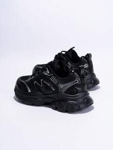 1 双青少年轻便透气网眼休闲运动鞋，春秋季，低帮，时尚配色，百搭，系带和钩环双闭合，减震鞋头设计，适合日常穿着、上学、运动 - 黑色 - 查看 5