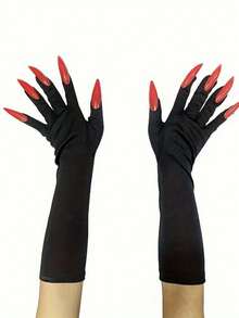 1 Pair Of Fun Halloween Claw Gloves - Detailed Red Long Nail Design, Flexible Forked Finger Gloves For Cosplay, Costume Parties, And Horror Performances - Black Fashion Themed Horror Accessories, Long Nail Ghost Gloves For Performance Props, Claw Gloves Home Decor Halloween Decor Room Decor - Multicolor - View 5