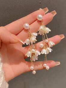 2 件时尚仿珍珠铜链不锈钢耳环配蝴蝶结流苏（均码，运输过程中可能会有轻微划痕，金色珍珠数量随机为 4-12 颗，长度可能因批次而异，但不影响整体外观） - 妈妈礼物、女性礼物、女士耳环、珠宝套装、姐妹礼物、女士珠宝，1 美元 - 金色 - 查看 7